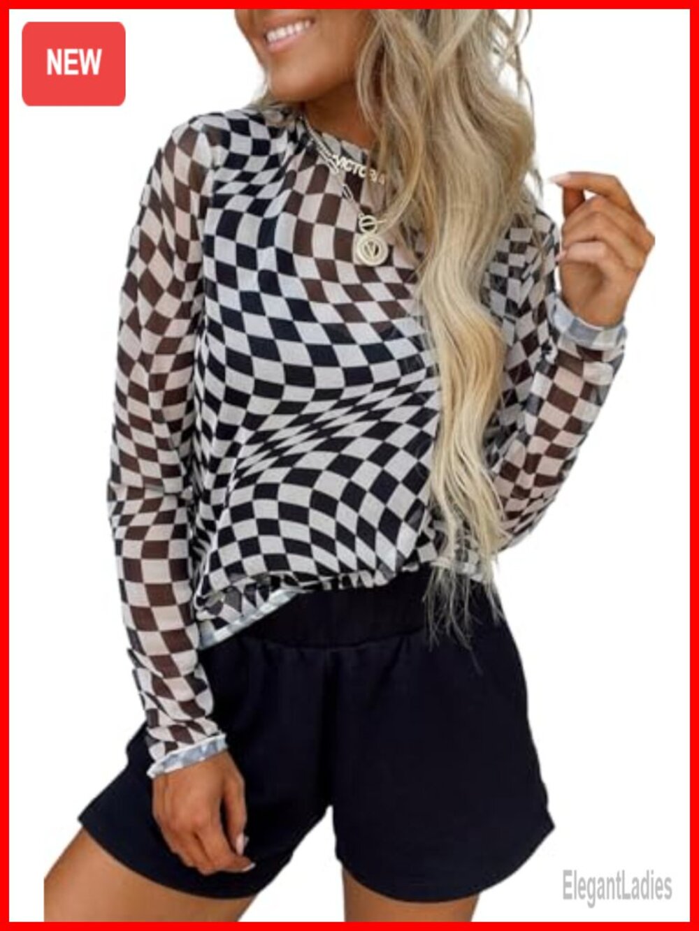 Women Mesh Long Sleeve Checkered Print Sheer Mock Neck Top